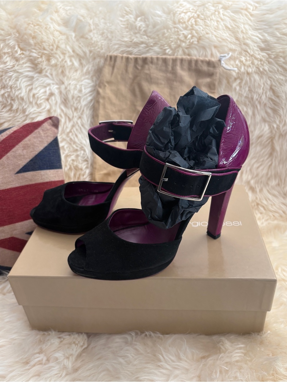 Sergio Rossi Black Suede & Purple Patent High Heel Sandals with Buckle